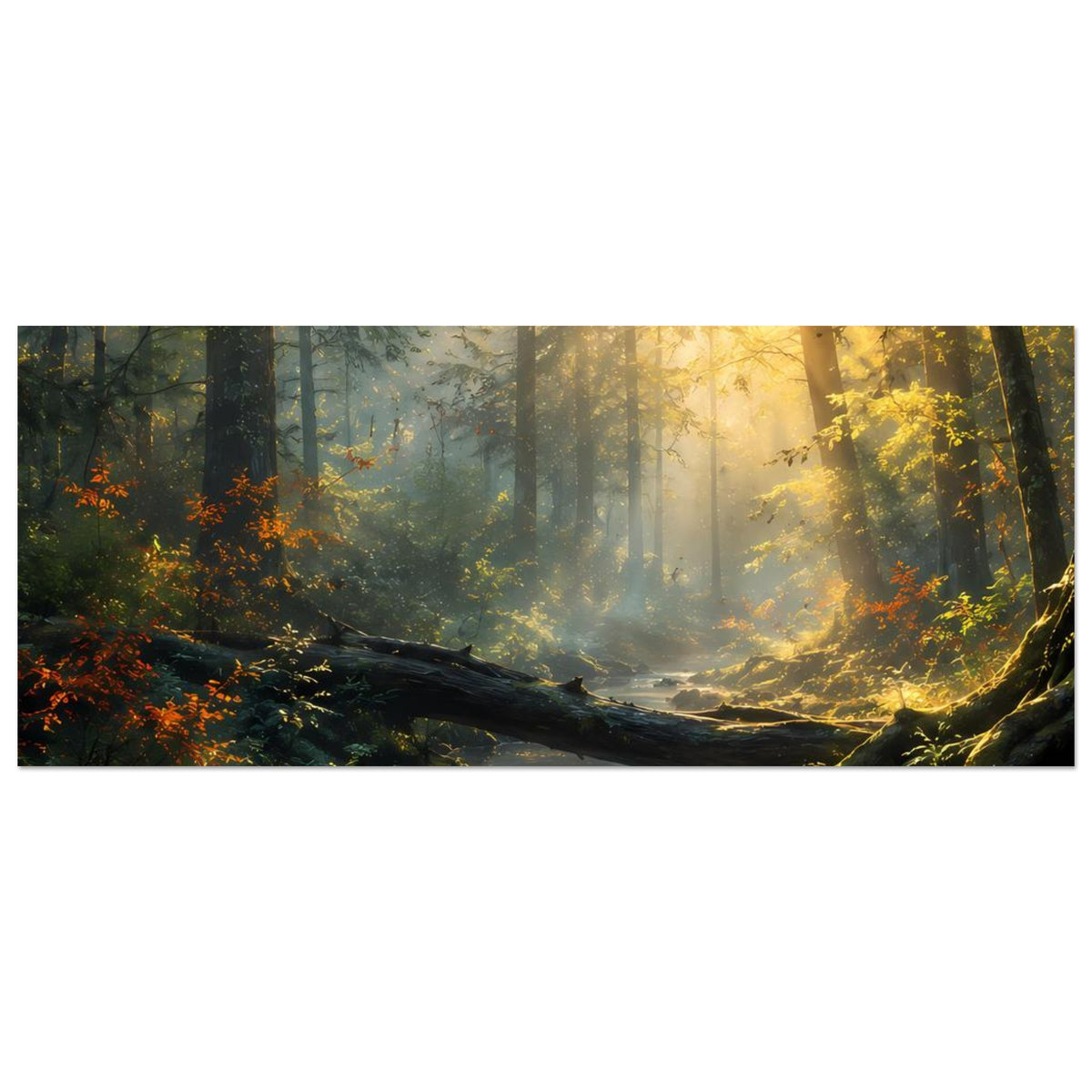 Waldfluss-Poster im Querformat: panoramischer Waldfluss, goldenes Licht über Felsen