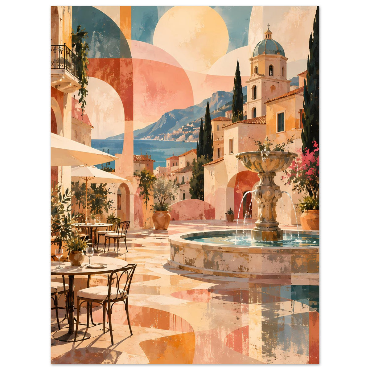 Mediterranes Poster mit Brunnen, Terrassenmöbeln und Bögen in warmen Pastelltönen
