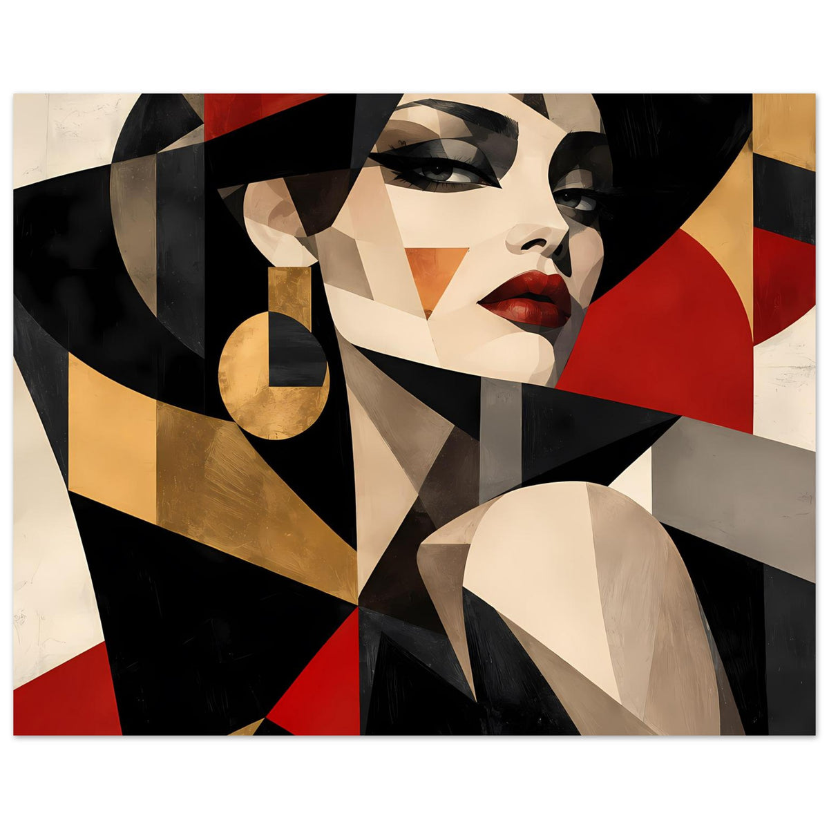 Abstraktes Frauenporträt im Geometrie-Look: rote Lippen, schwarze Flächen, goldene Akzente.