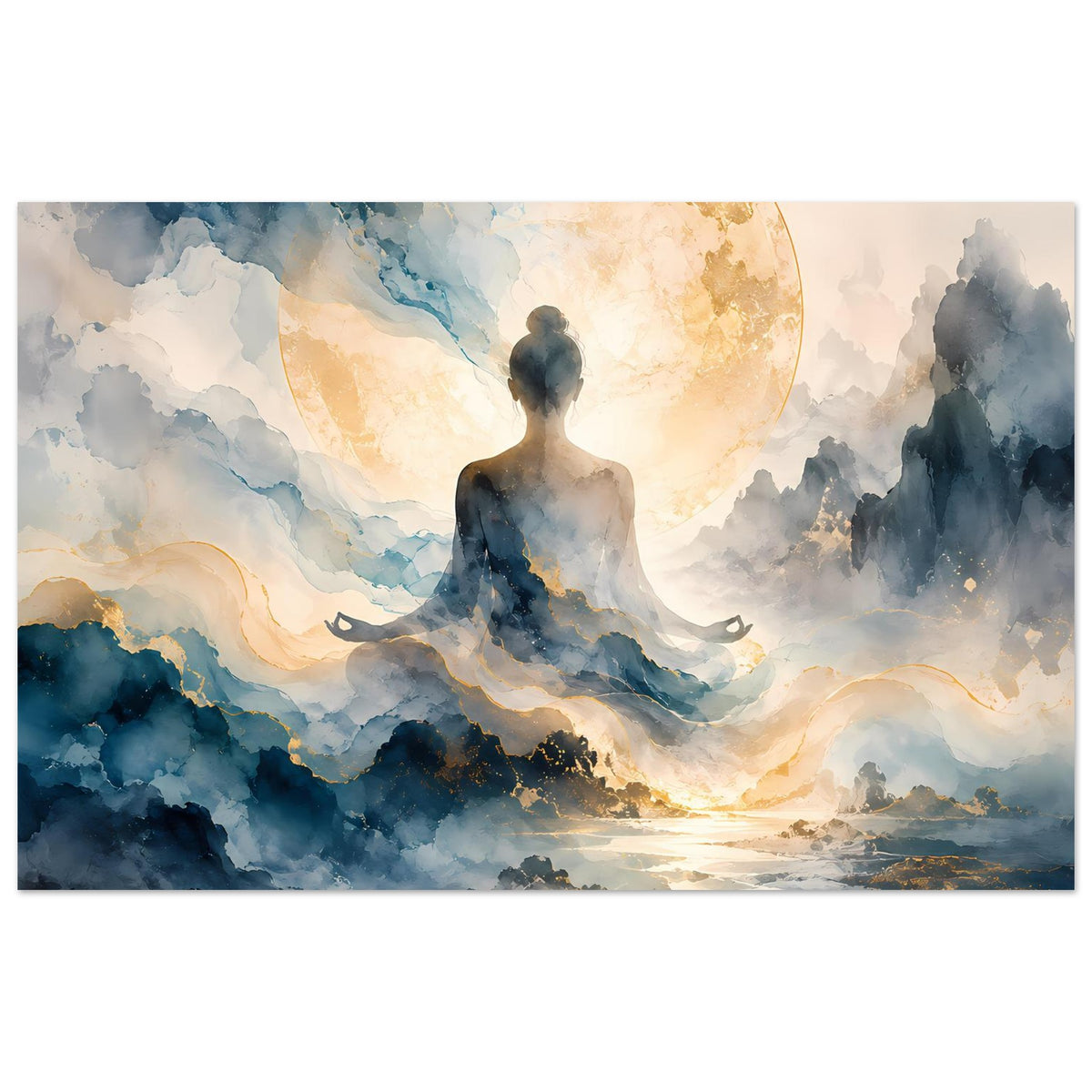 Zen-Poster in Blau und Gold: meditierende Silhouette vor goldenem Mond