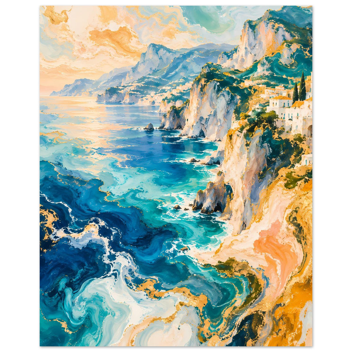 Küstenposter mit Blick auf Klippenküste, türkisfarbenes Wasser und Häuser am Hang
