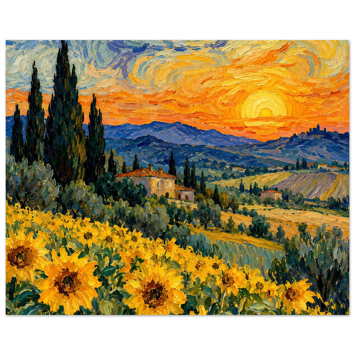 Sonnenblumenfeld-Poster mit Himmel in Orange und Blau, Dorf im Tal und gelben Sonnenblumen