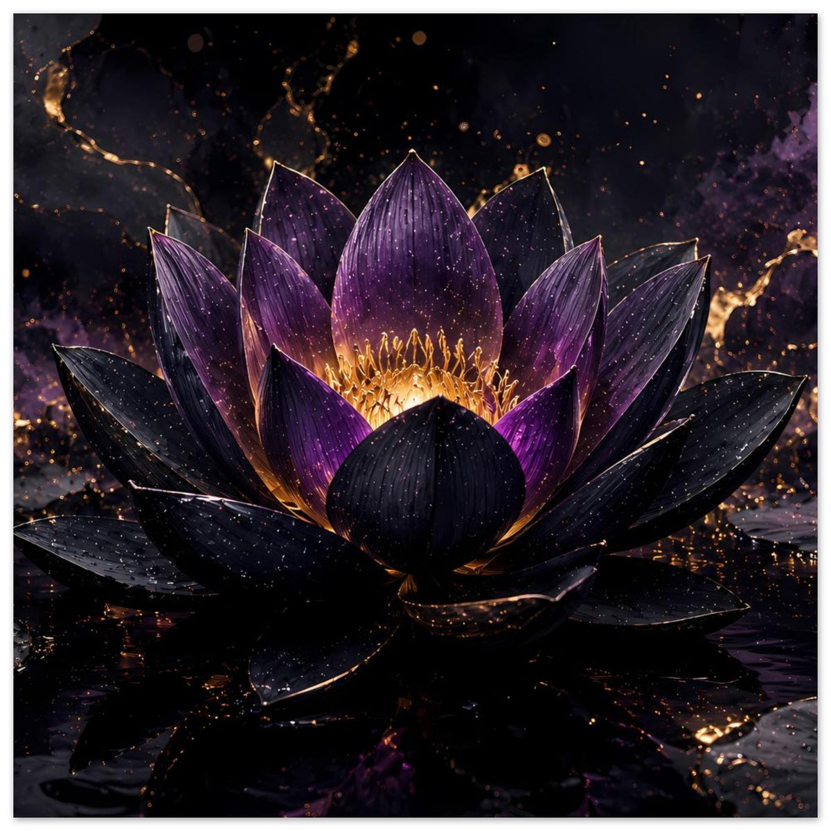 Lotusblüten-Poster, violette Blätter mit goldener Staubfäden-Mitte auf dunklem Motiv