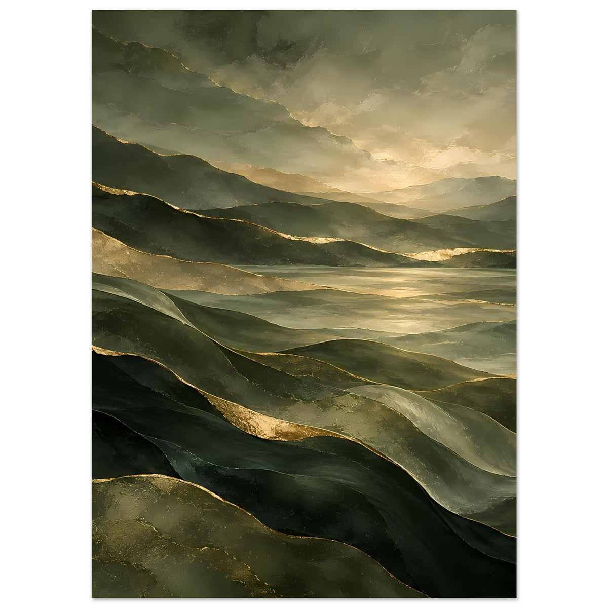 Landschafts-Poster mit grünen Gebirgskämmen und goldfarbenen Lichtstreifen, vertikal.