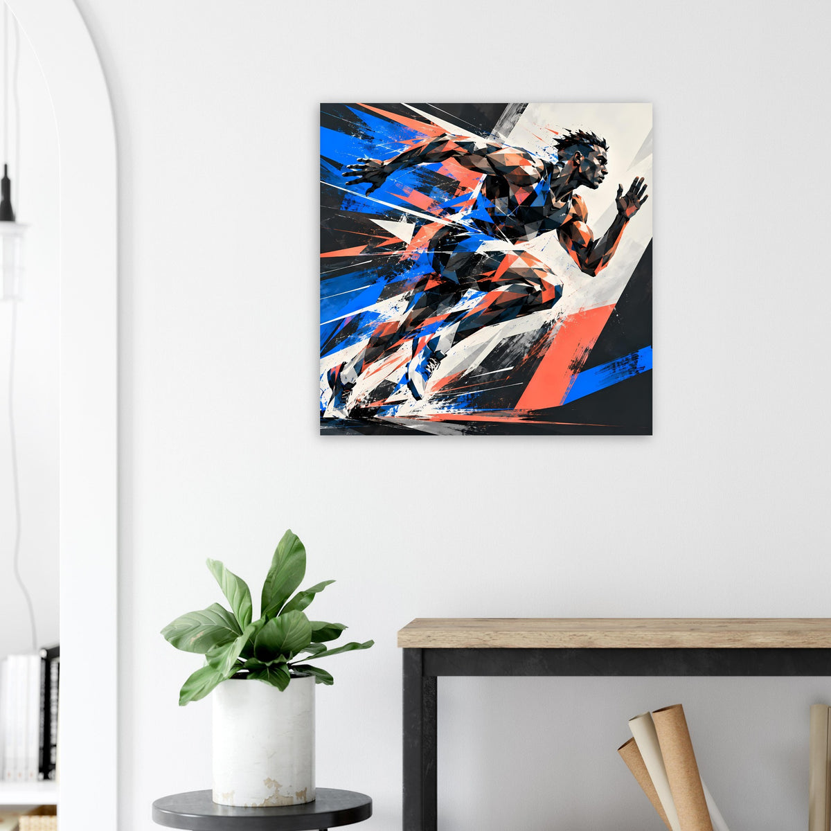 Action-Poster mit dynamischer Figur, blau-orange Farbspitzen im quadratischen Rahmen