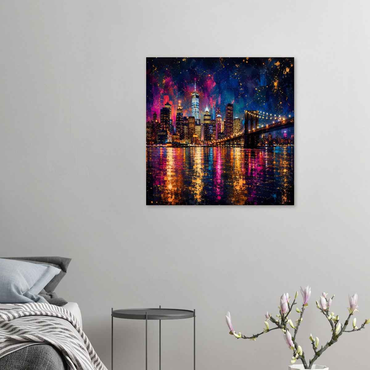 Kleines Stadtposter mit Skyline und Hängebrücke bei Nacht, buntes abstraktes Lichtspektrum