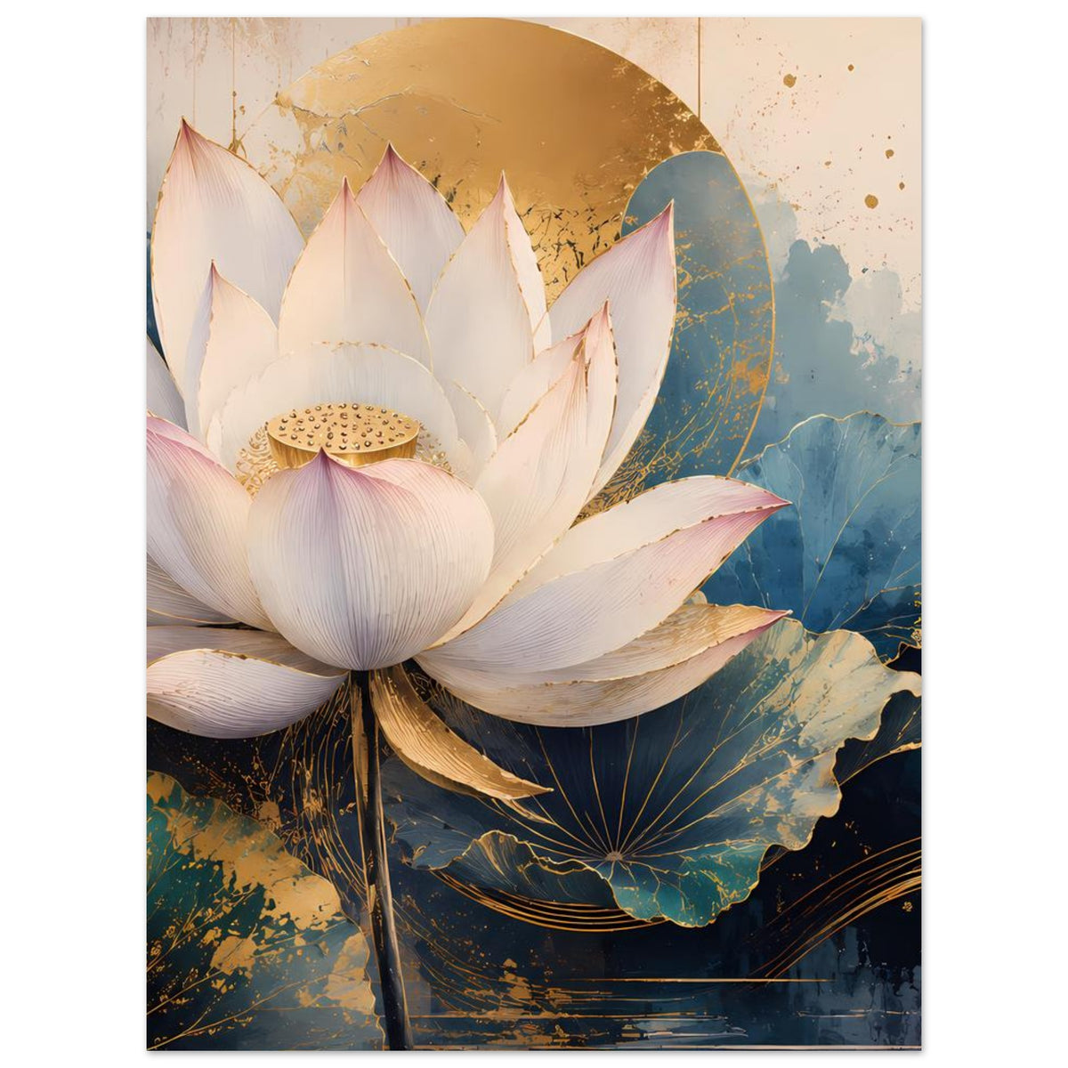 Lotusblumenposter mit weißer Blüte, blauen und goldenen Mustern auf dunklem Hintergrund