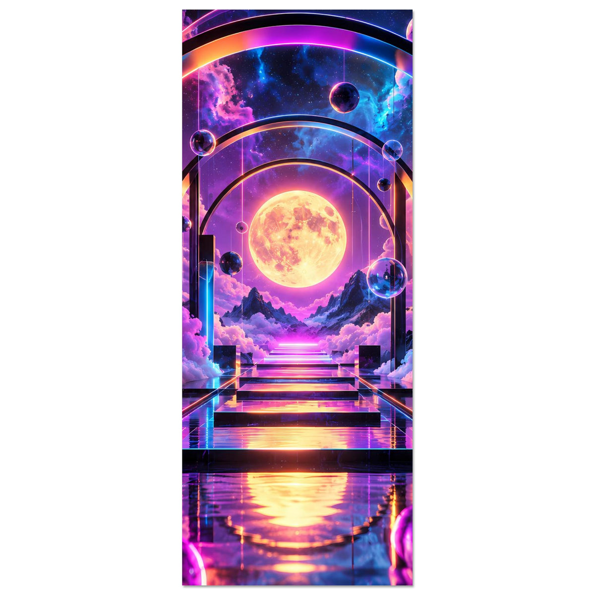 Vertikales Poster mit Galaxy-Traumlandschaft: Mondportal, Planeten und leuchtender Durchgang