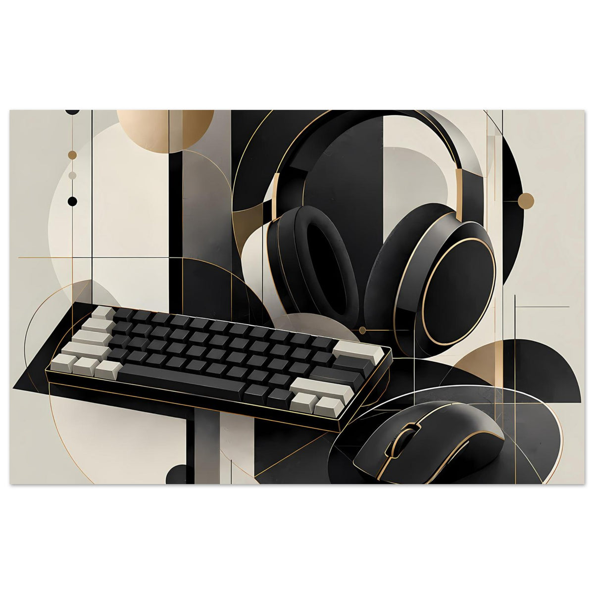 Gaming-Poster mit schwarzem Keyboard, Headset und Maus in gold-cremigen Geometrieelementen