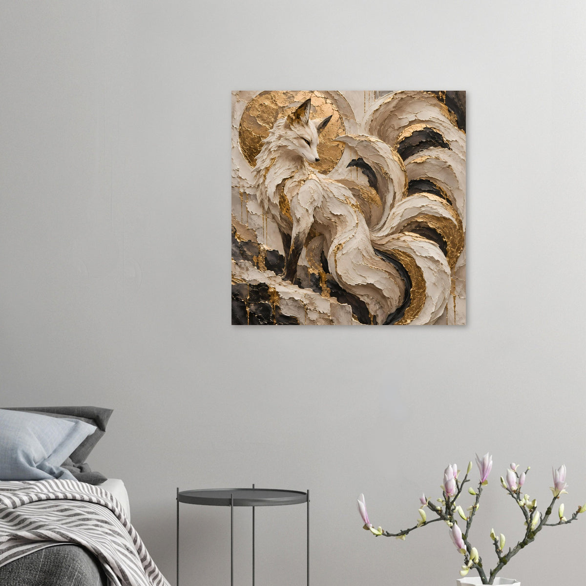 Kleines Kunstposter mit Fuchs-Motiv; cremefarbene und goldene Akzente, dunkelbraune Wirbelstruktur