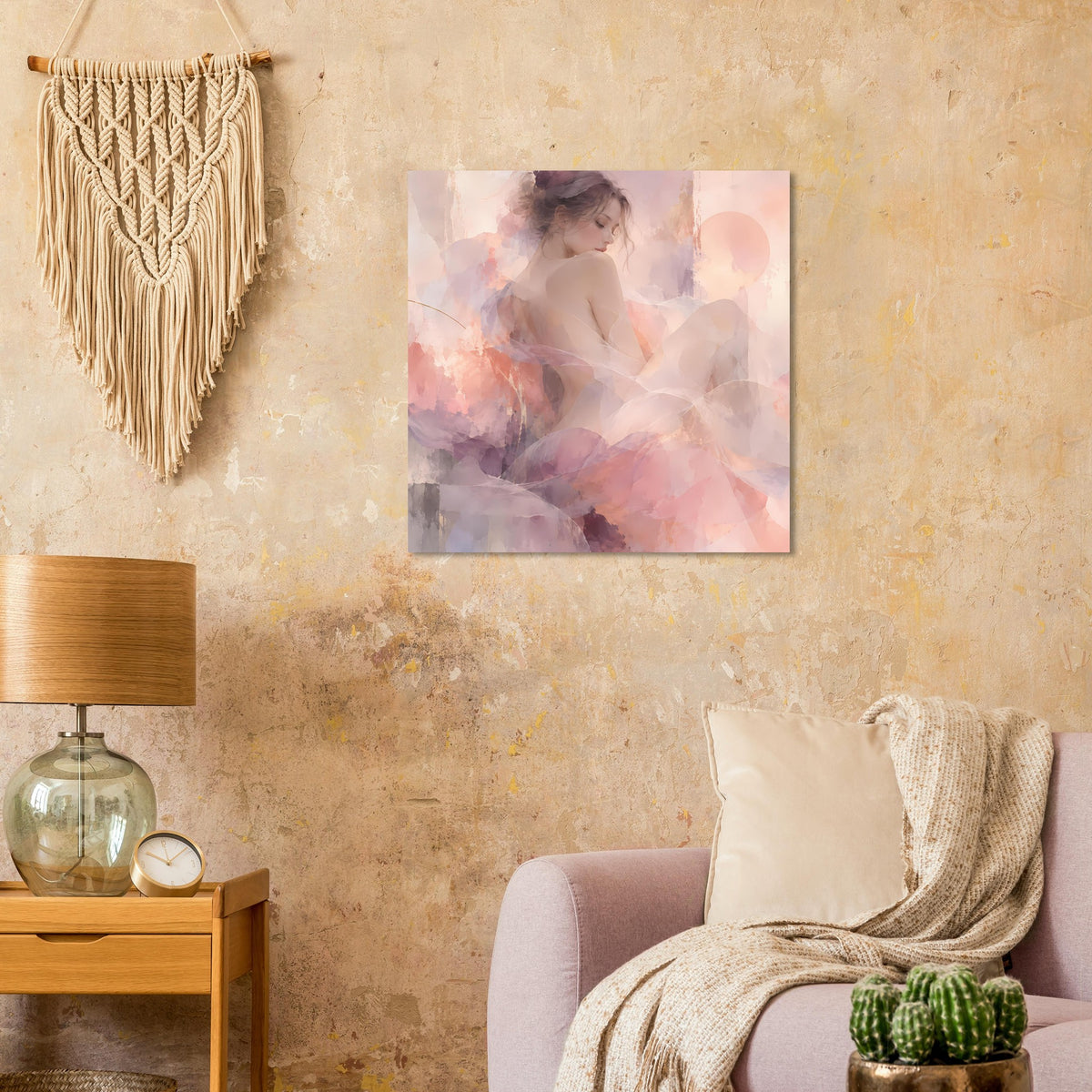 Quadratisches Wandposter mit watercolorartigem Frauenporträt in Rosa und Lila