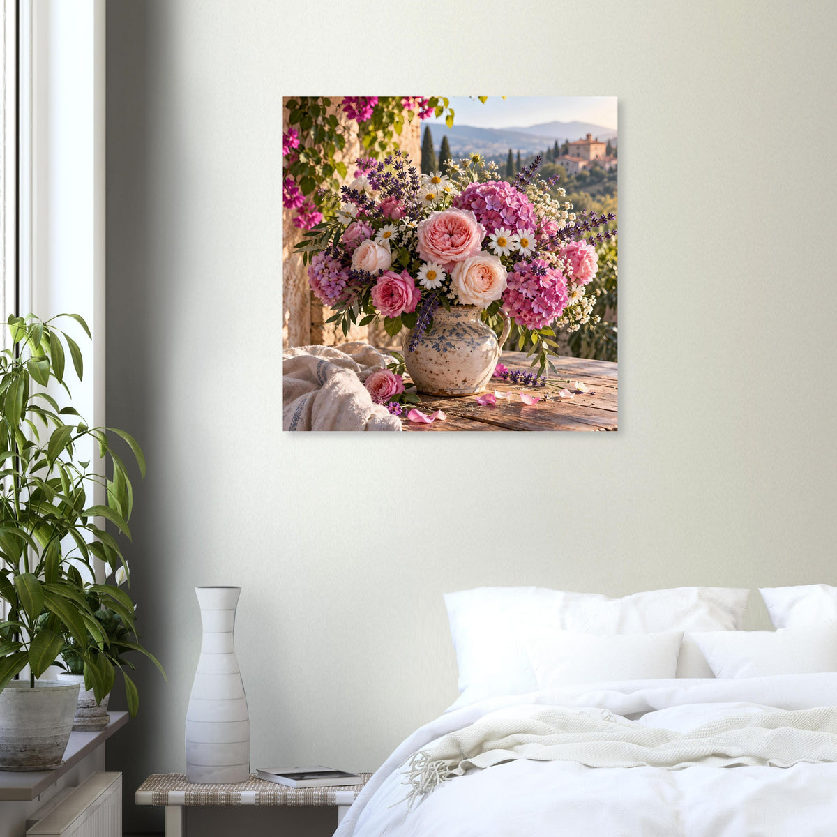 Blumenposter mit Rosen, Hortensien und Margeriten in Vase