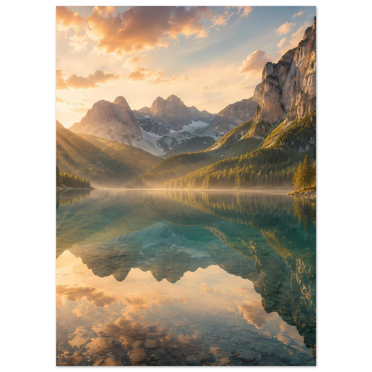 Vertikales Poster mit Bergsee im Sonnenlicht, Berge, Wald und Wasserreflexion