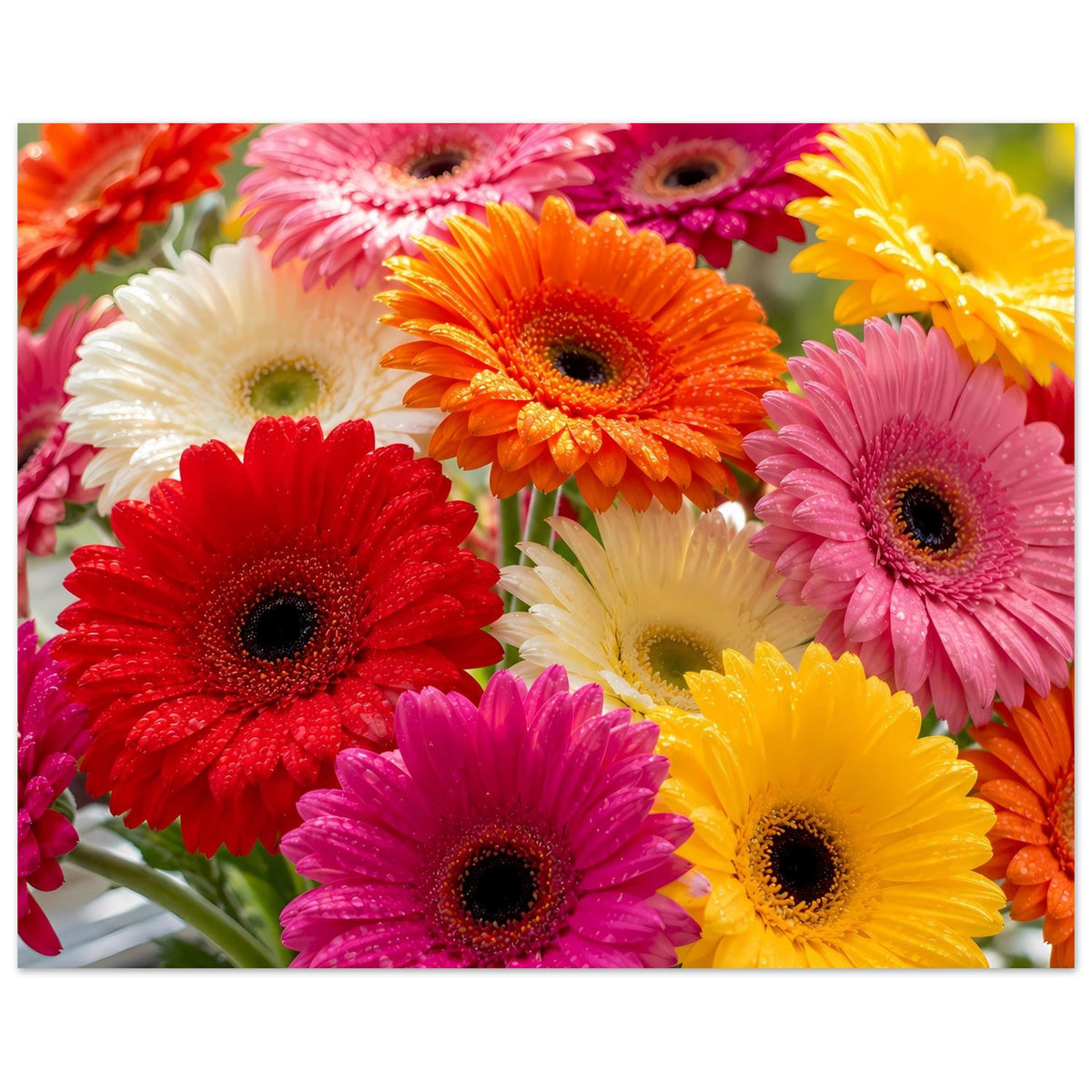 Poster mit buntem Gerbera-Blütenmotiv, kräftige Farben mit weißem Rand