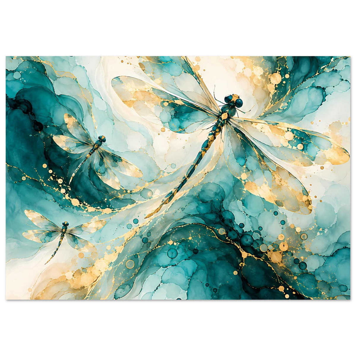 Kunstposter mit abstrakten Libellen in Türkis und Gold, Querformat, zarte Aquarell-Texturen.