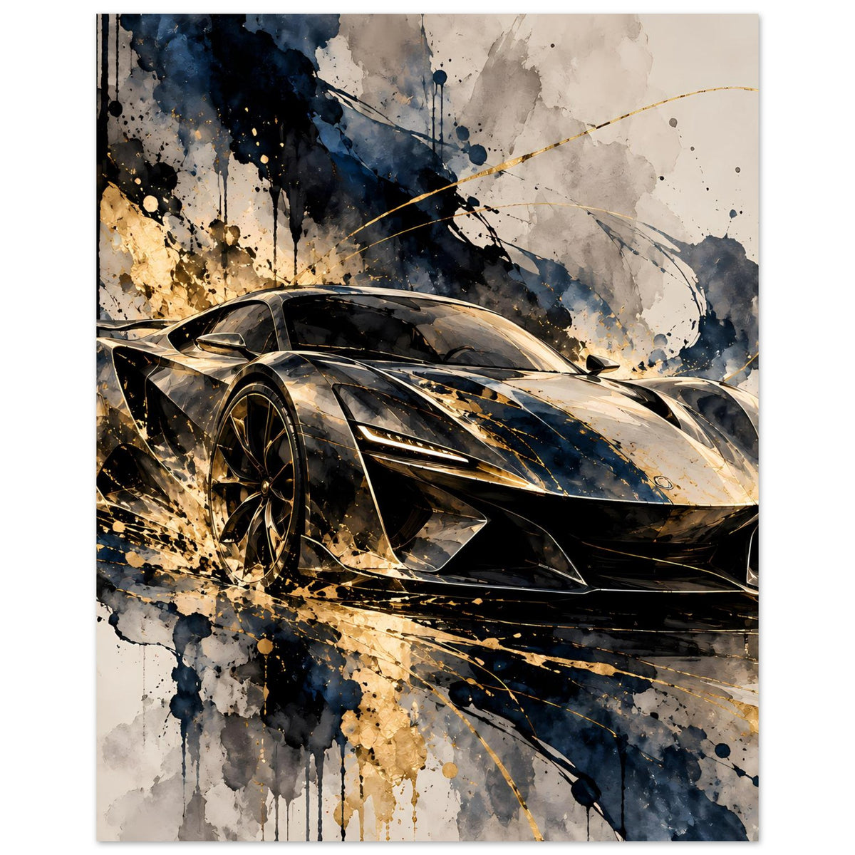 Poster mit Supersportwagen in Schwarz-Gold, abstrakte Spritzfarbe, Hochformat