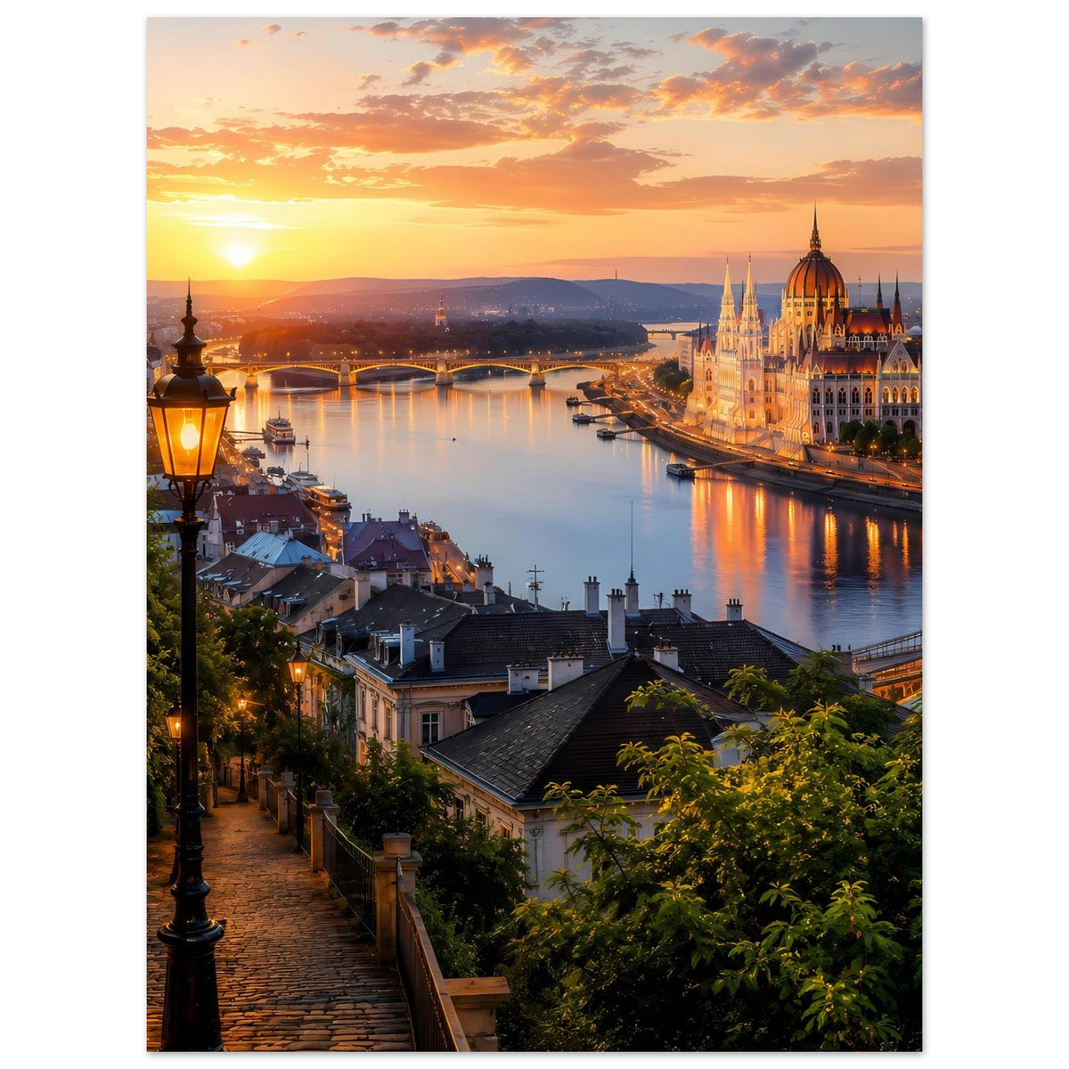 Hochformat-Poster: Abendlicht am Fluss mit Brücke und leuchtender Kathedrale rechts