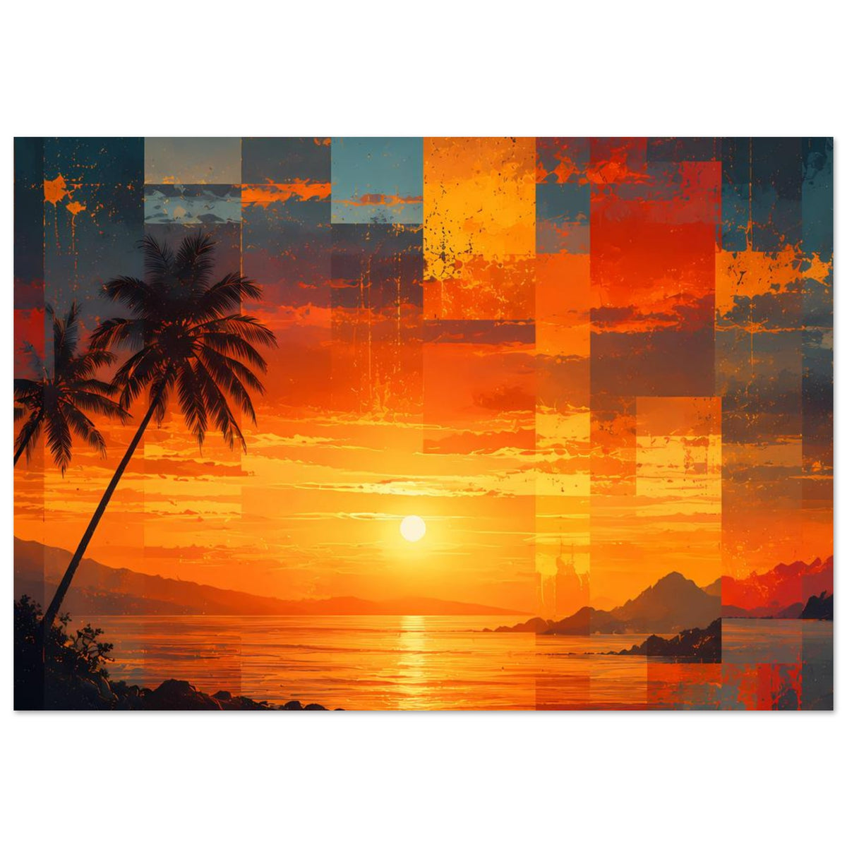 Poster: tropischer Sonnenuntergang, Palme links, Meerfläche und Patchwork-Design