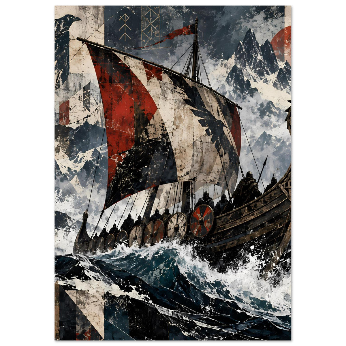Poster mit Wikingerschiff, roten Segeln und Schneegipfeln, im Hochformat