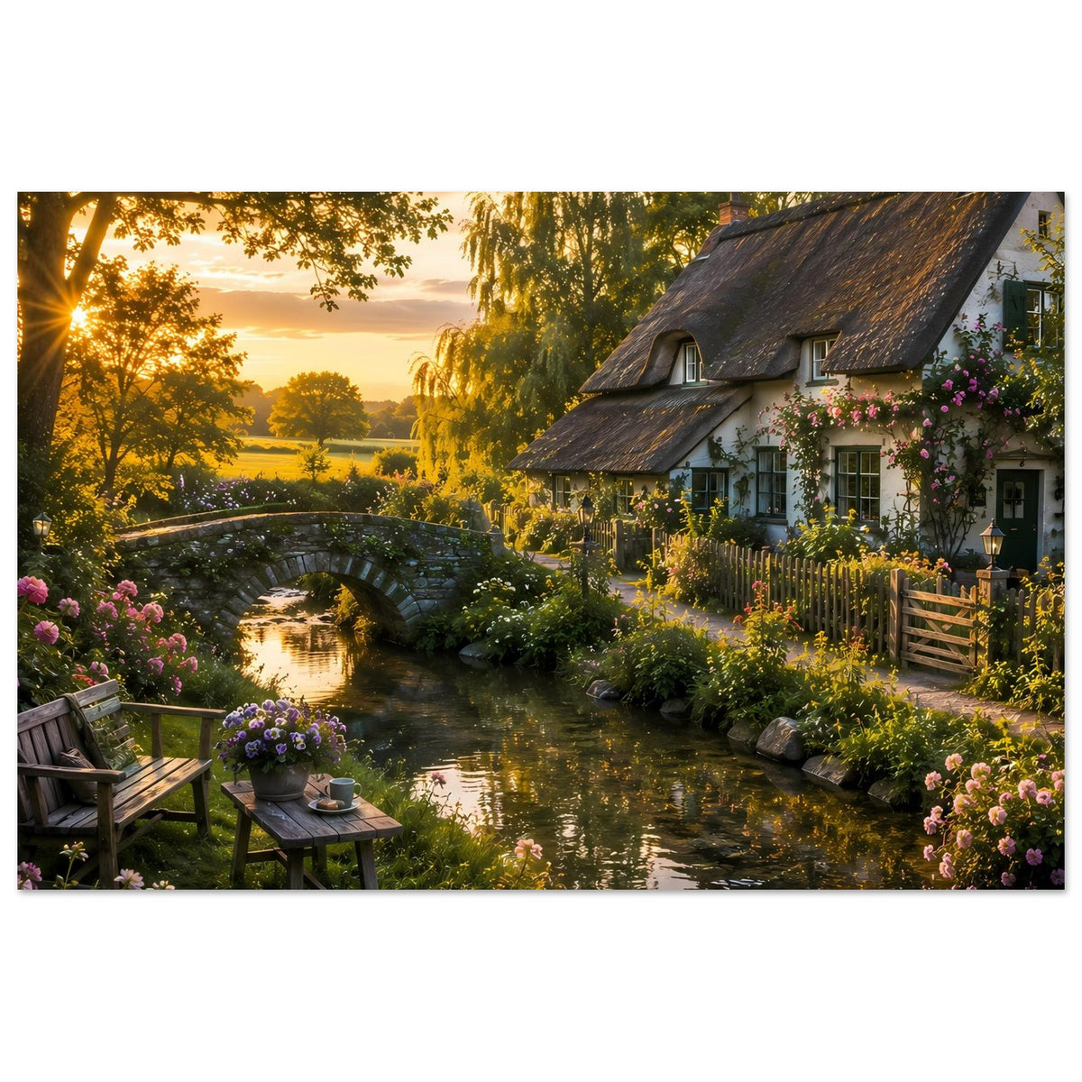 Landhaus-Poster Querformat: Flussweg, Blumenrabatten, Landhaus und Brücke