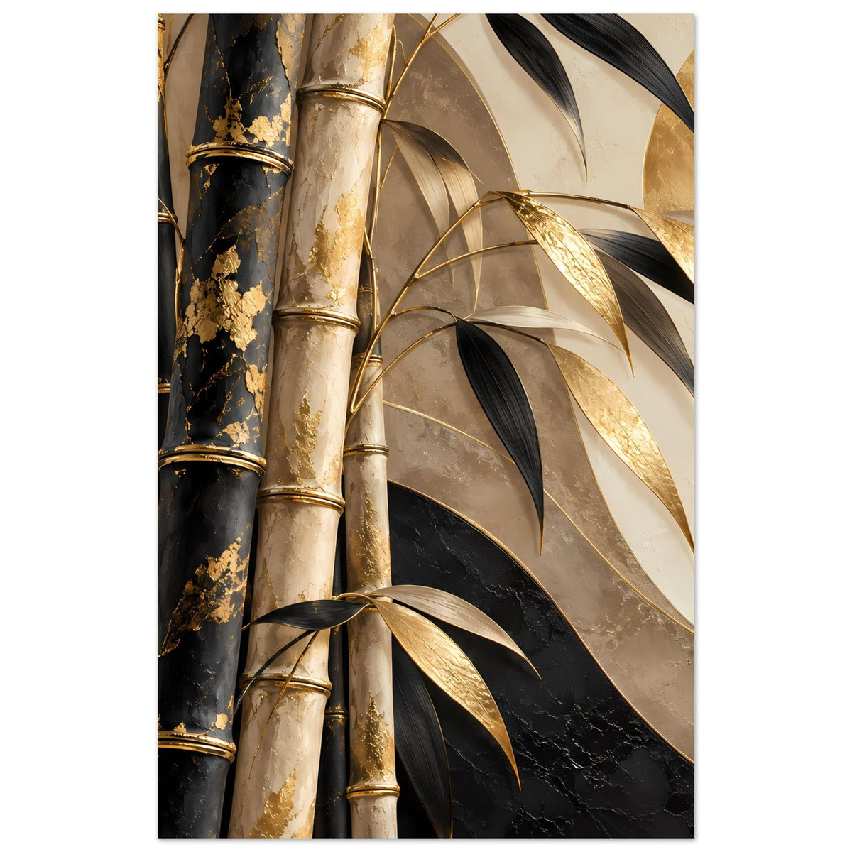 Bambus-Poster, Fokus auf Bambusstangen in Schwarz, Beige und Gold mit Blättern