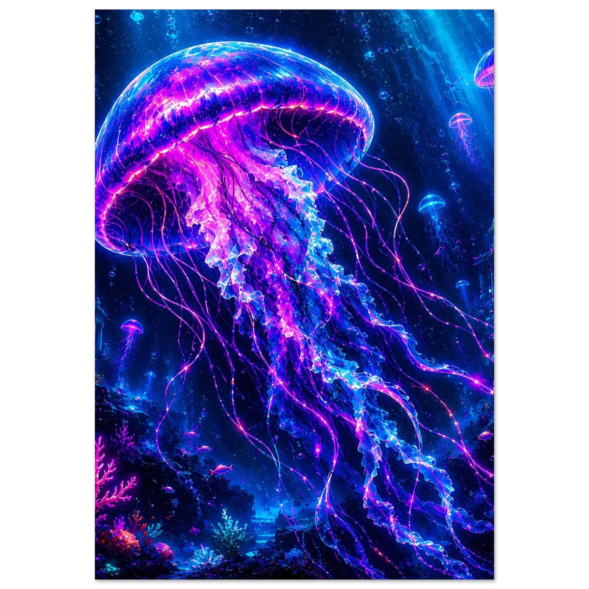Poster mit leuchtender Qualle, violett-blauer Farbverlauf und feine leuchtende Tentakel