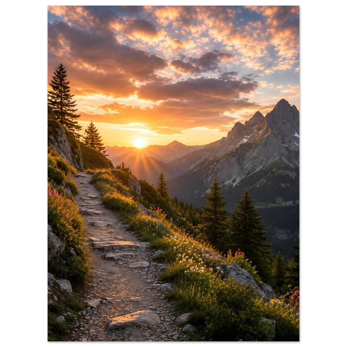 Poster mit Sonnenaufgang über Berglandschaft, Feldweg und Tannen in leuchtenden Farben