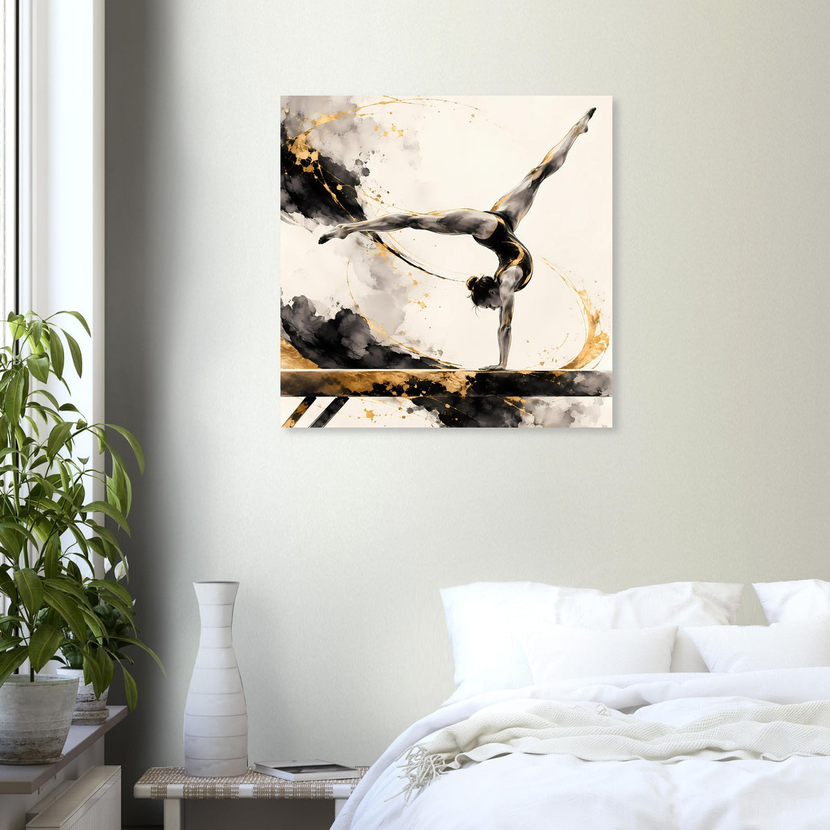 Turnerin-Gymnastikposter in Schwarz und Gold, dynamische Pose mit Farb-Spritzern