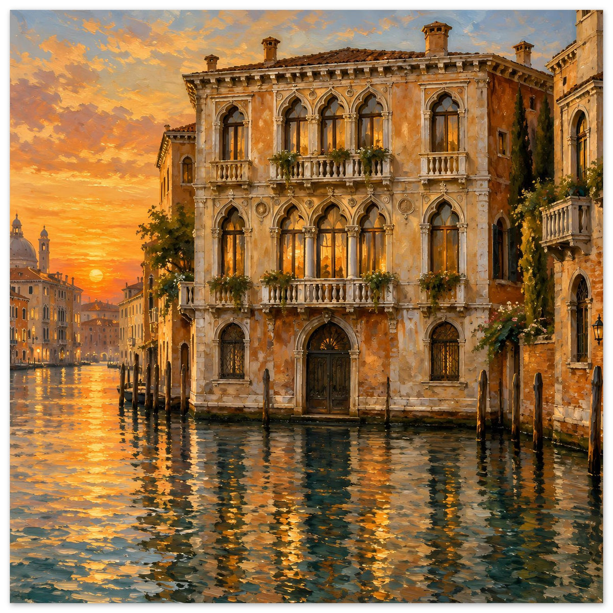 Querformat-Poster mit venezianischem Palazzo, Abendsonne am Kanal und Wasserreflexionen