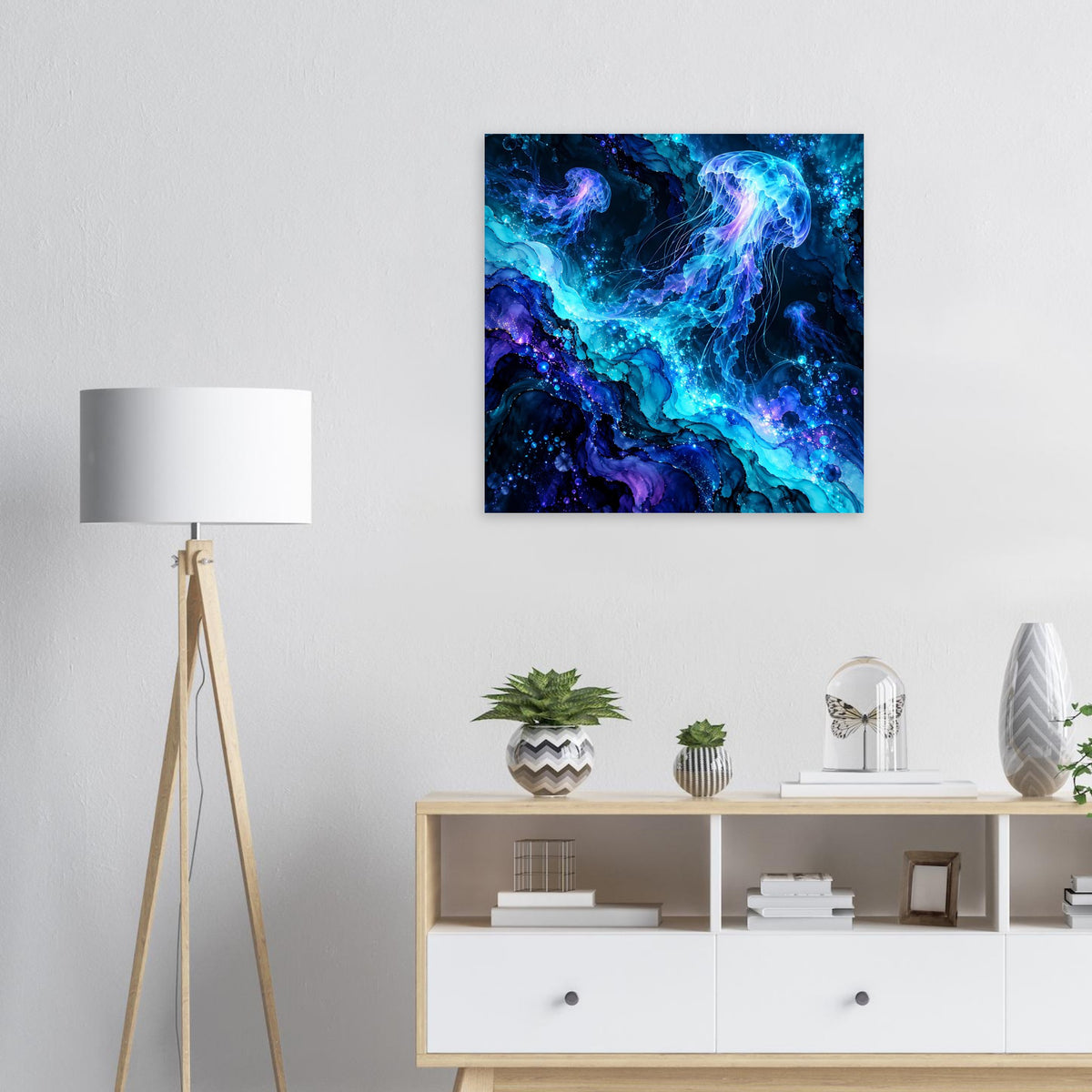 Leuchtendes Quallen-Poster mit blau-violettem Unterwasser-Glow-Motiv, quadratisch