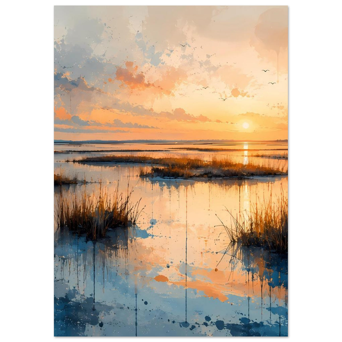 Vertikales Poster: Sonnenuntergang über Küstenlandschaft mit ruhigem Wasser und Schilf
