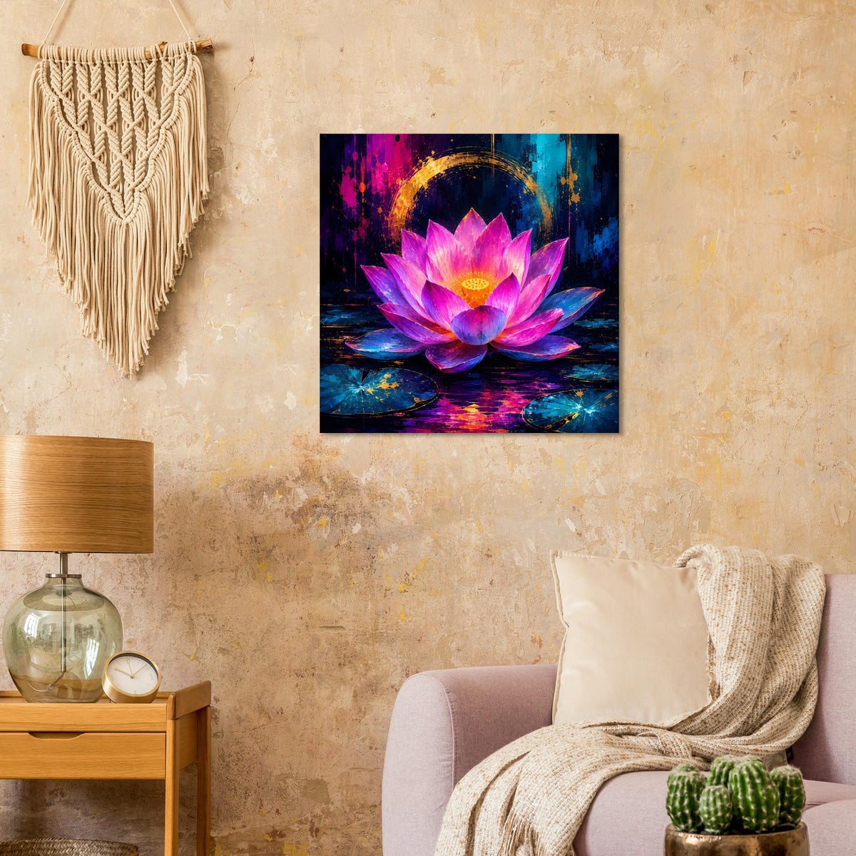 Blumenposter mit leuchtender Lotusblüte in Violett und Rosa, goldener Halbmond über dem Wasser