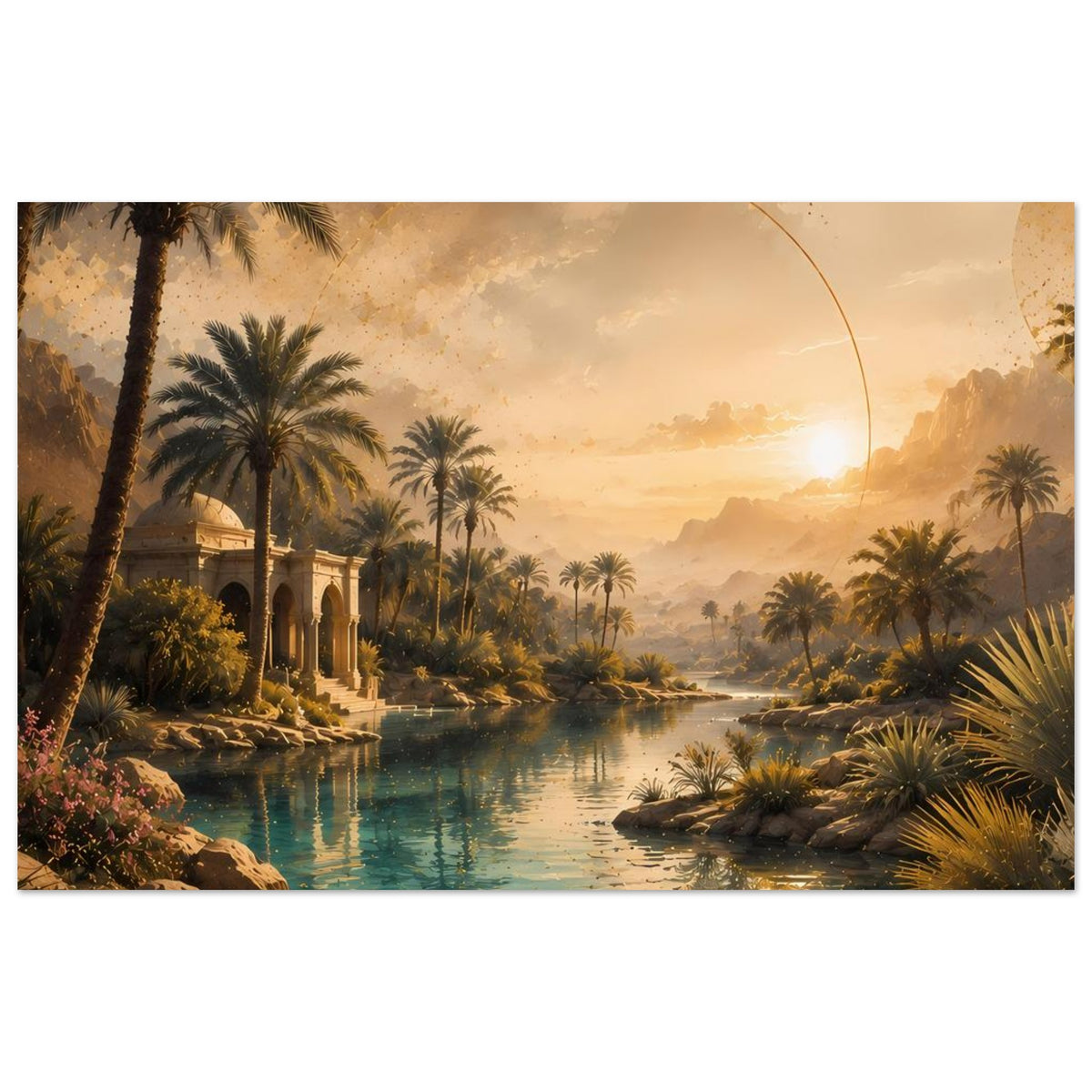 Wandposter Wüstenoase: Palmenwald, türkisblauer See, Pavillon und goldener Sonnenbogen