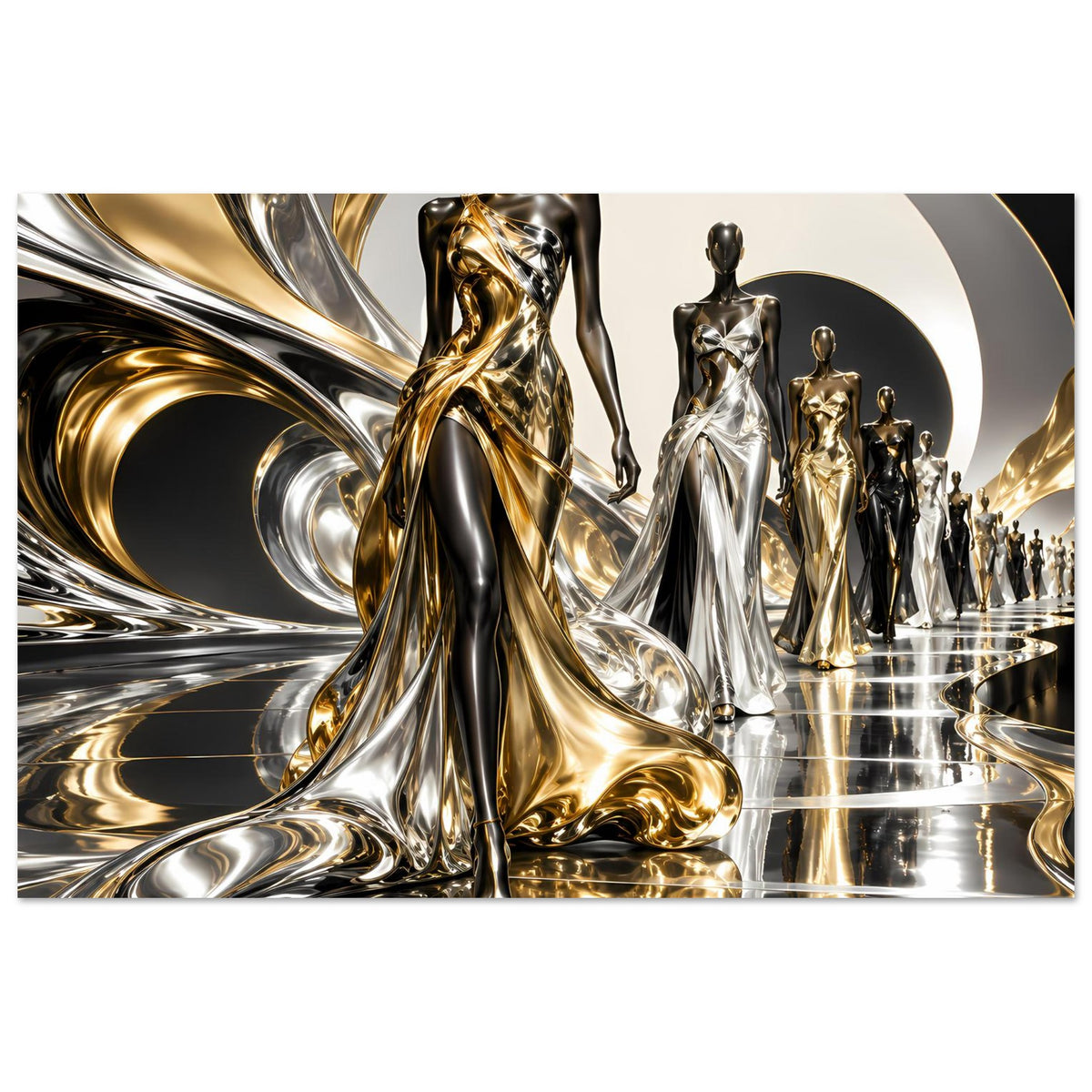 Gold- und Silberfarbenes Poster mit Reihe geschmückter Figuren und welligen Metalloptik-Linien