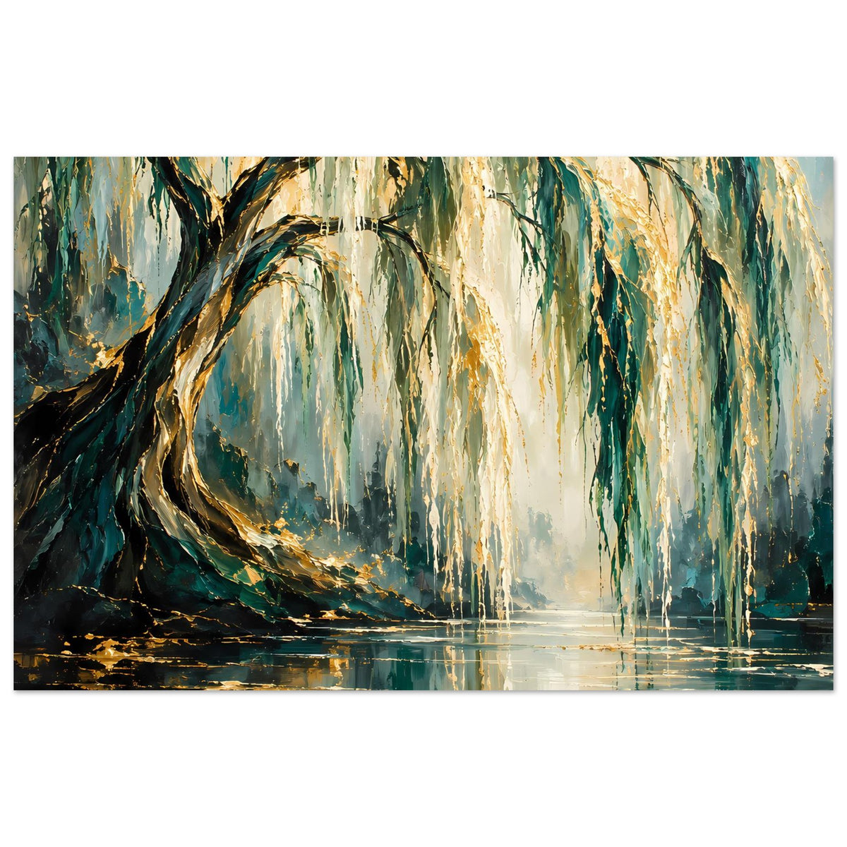 Horizontales Poster: goldener Weidenbaum am Wasser, grün-goldene Farbflächen.