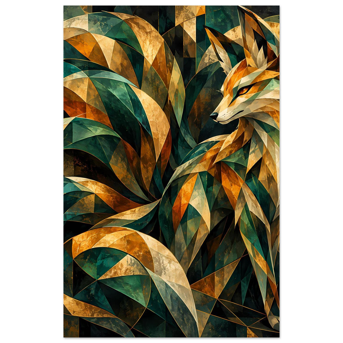 Kunstposter, schlank zugeschnitten: prismenartiger Fuchs in Smaragdgrün und Gold