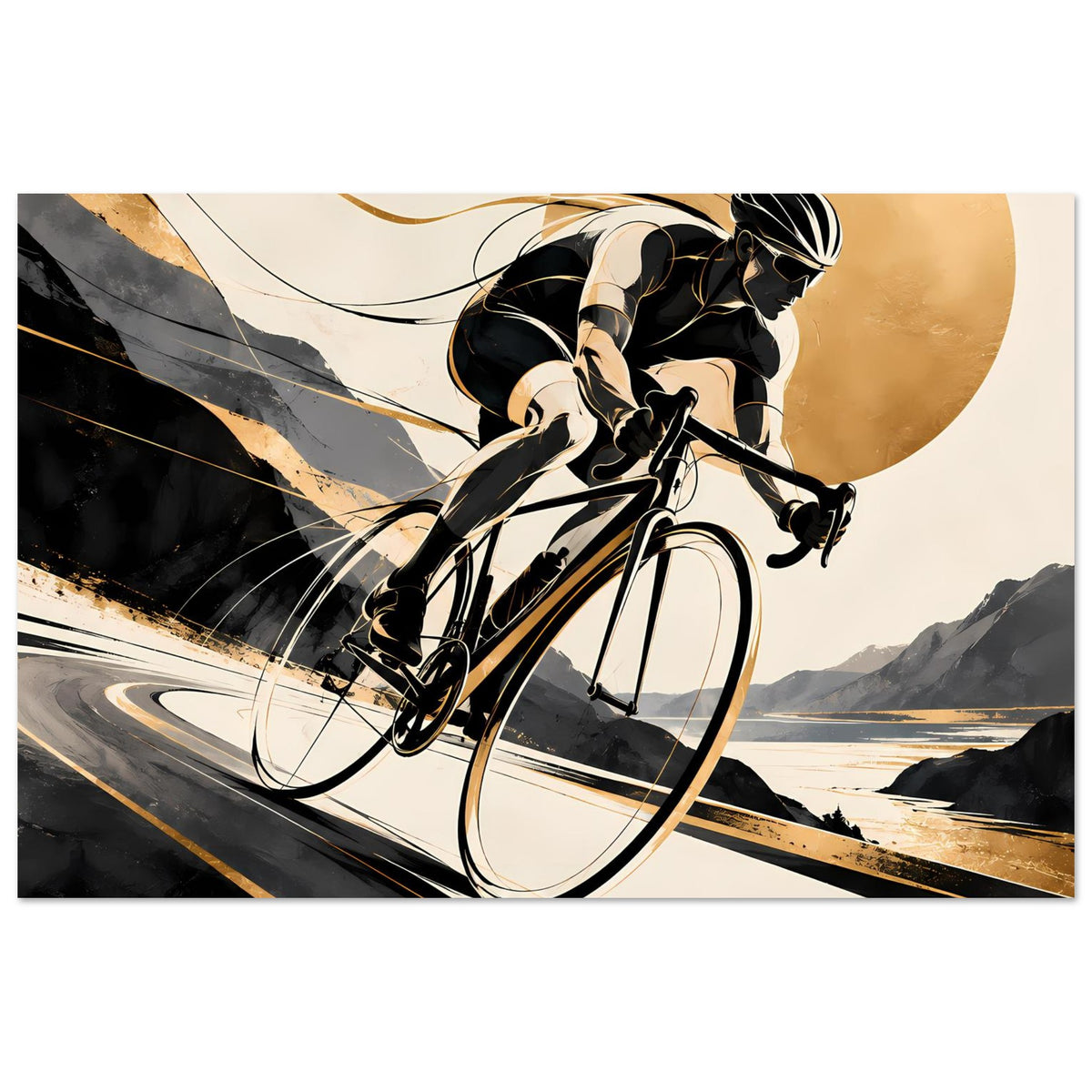 Querformat-Sportposter: Radfahrer in Schwarz und Gold, Fahrrad und geschwungene Linien