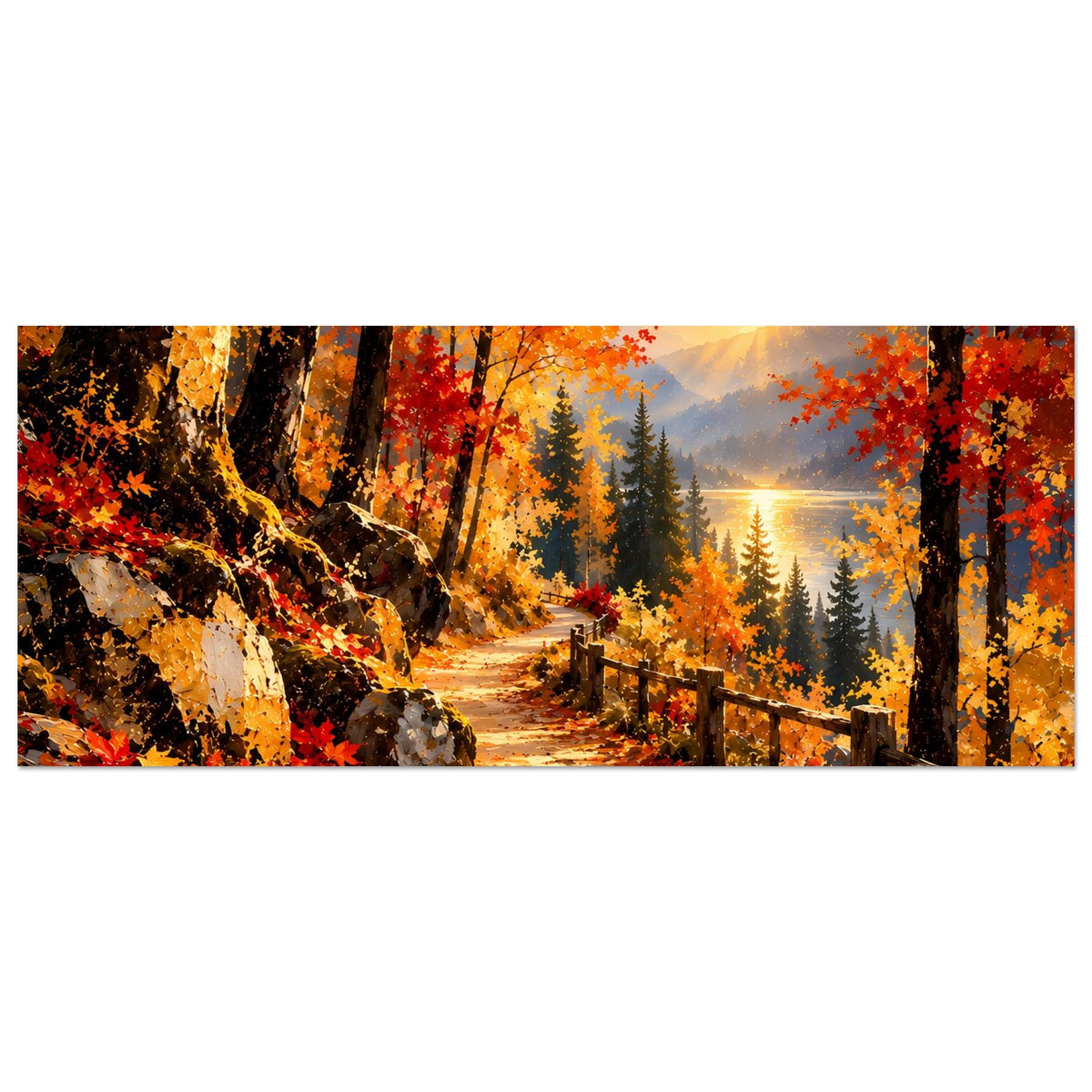 Herbst-Wanderweg-Poster im Querformat: Breiter Blick auf Laubpfad, Zaun und goldene Sonne.
