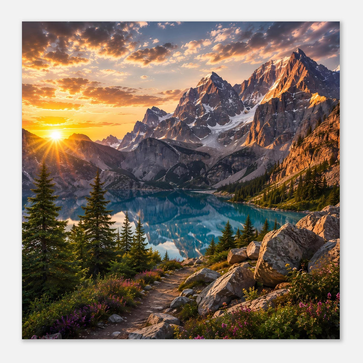 Poster im Querformat mit Bergsee, Bergkette, Felsenweg und warmem Sonnenuntergang.