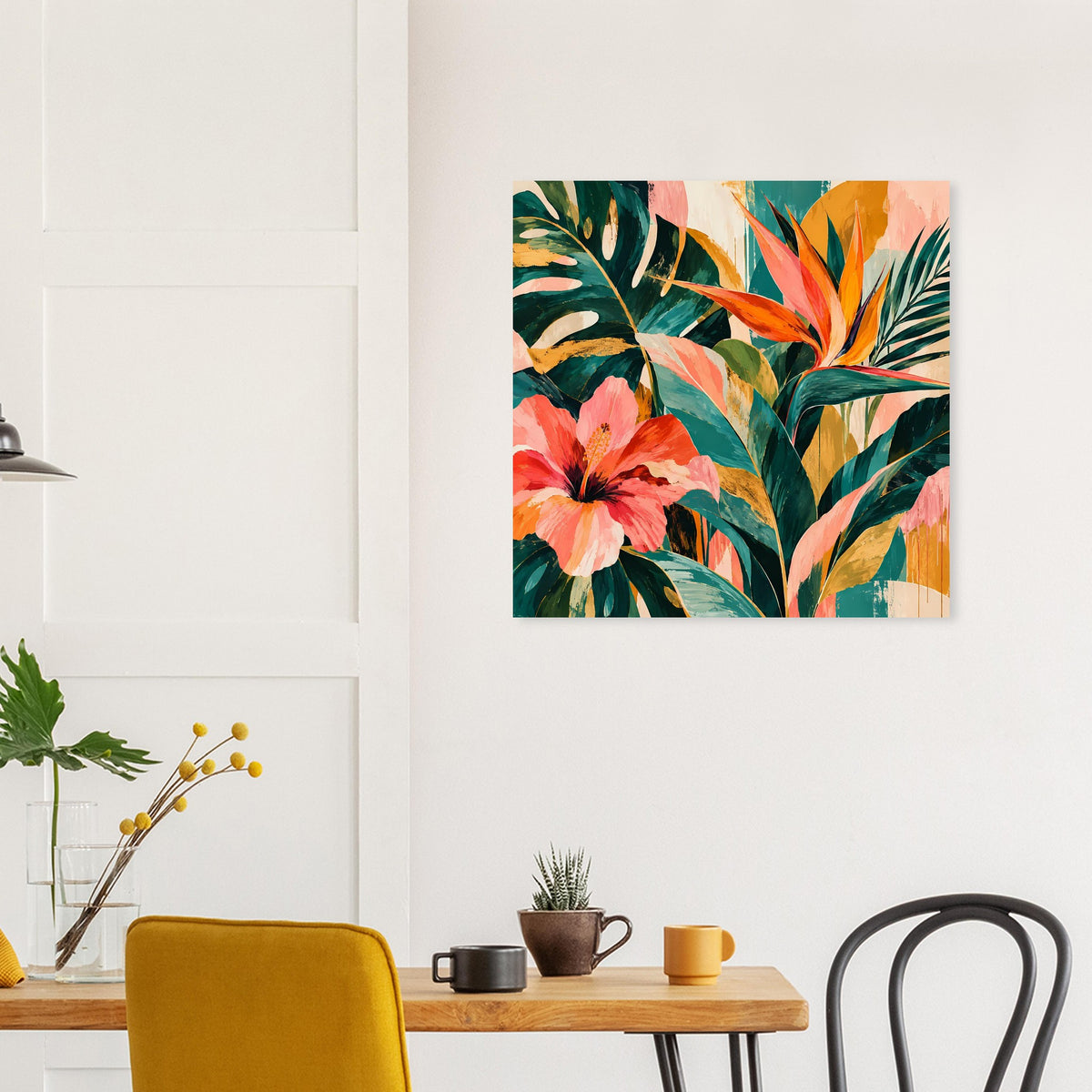 Florales Kunstposter: quadratisches Tropenmotiv mit grünen Blättern und rosafarbenen Blüten