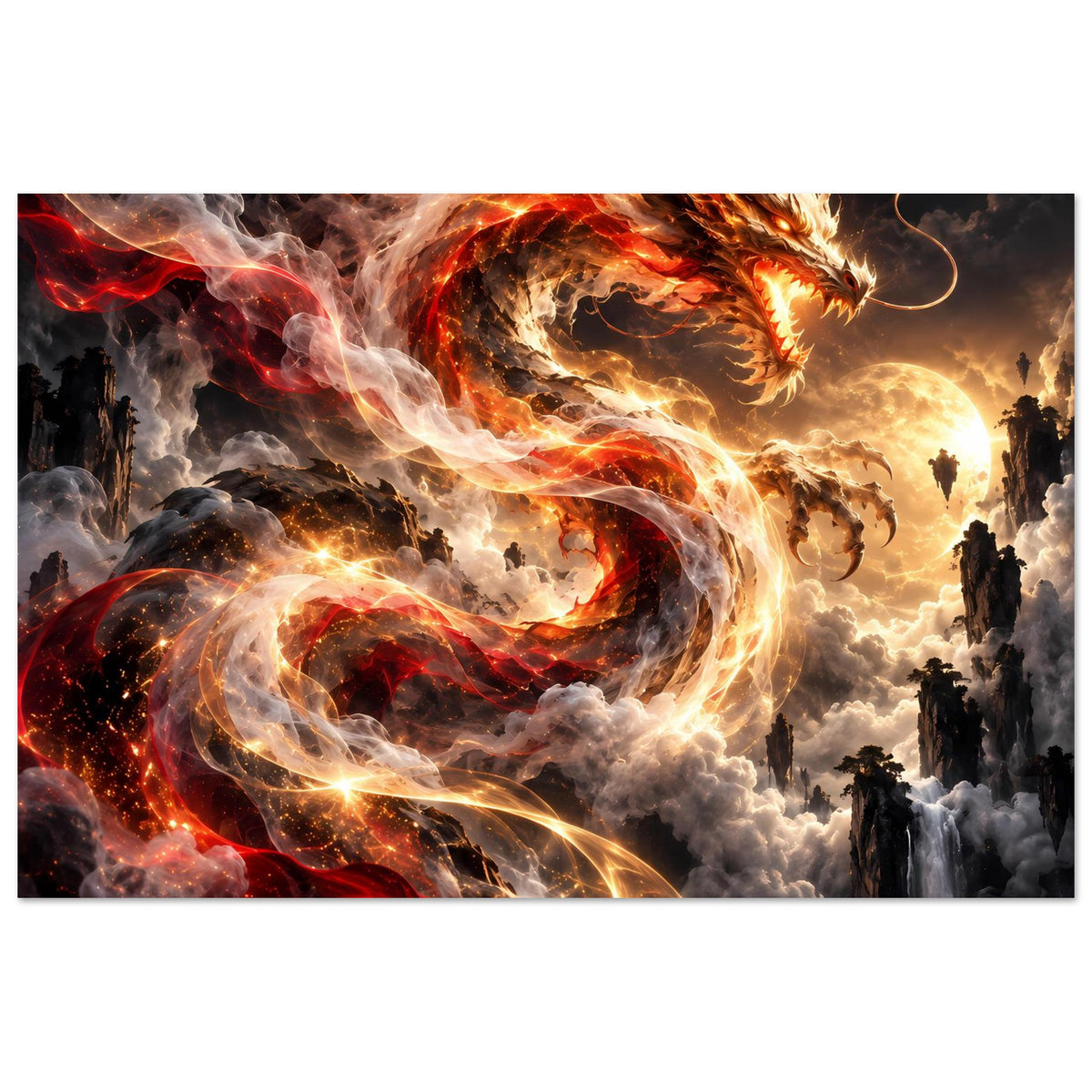 Fantasieposter mit feurigem Drachen in Rot und Gold, umschlungen von Rauch und Feuer