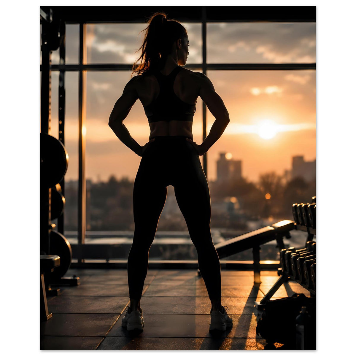 Fitness-Poster: Sportlerin-Silhouette in Seitenansicht, Hände in Hüfte, Sonnenuntergang