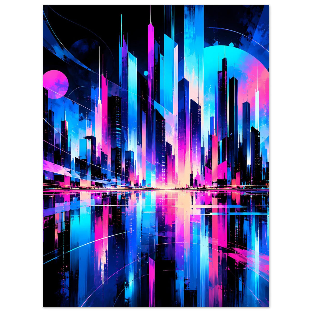 Neon-Stadtbild-Poster (Hochformat) mit futuristischer Skyline und Reflexion in Blau/Pink