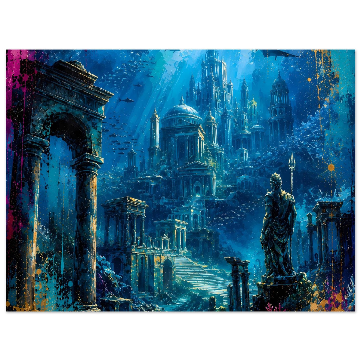 Poster mit Unterwasserstadt Atlantis, Säulen links und detaillierte Architektur im Blau