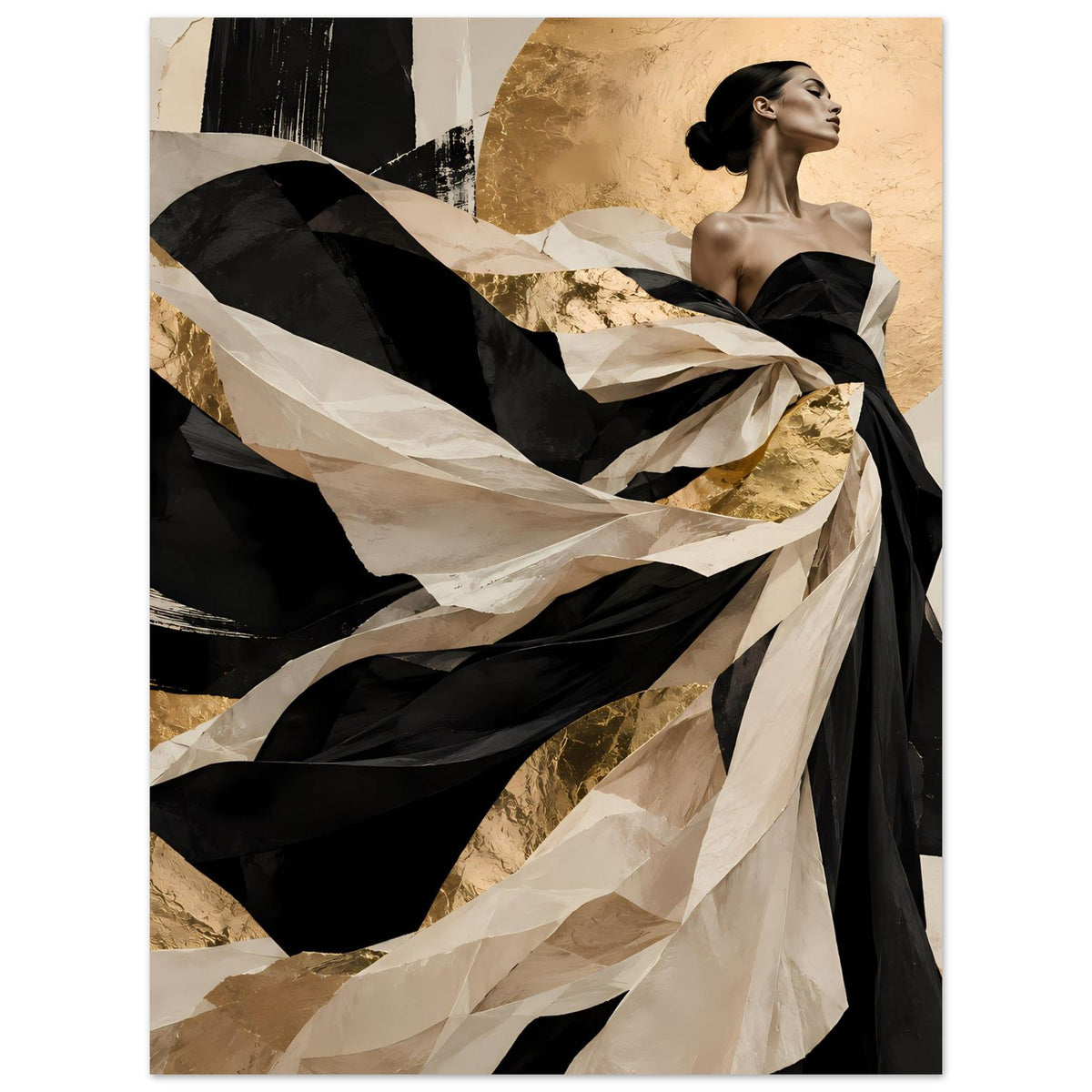 Kunstposter mit abstrakter Frauendarstellung im schwarzen Kleid und gold-creme Muster
