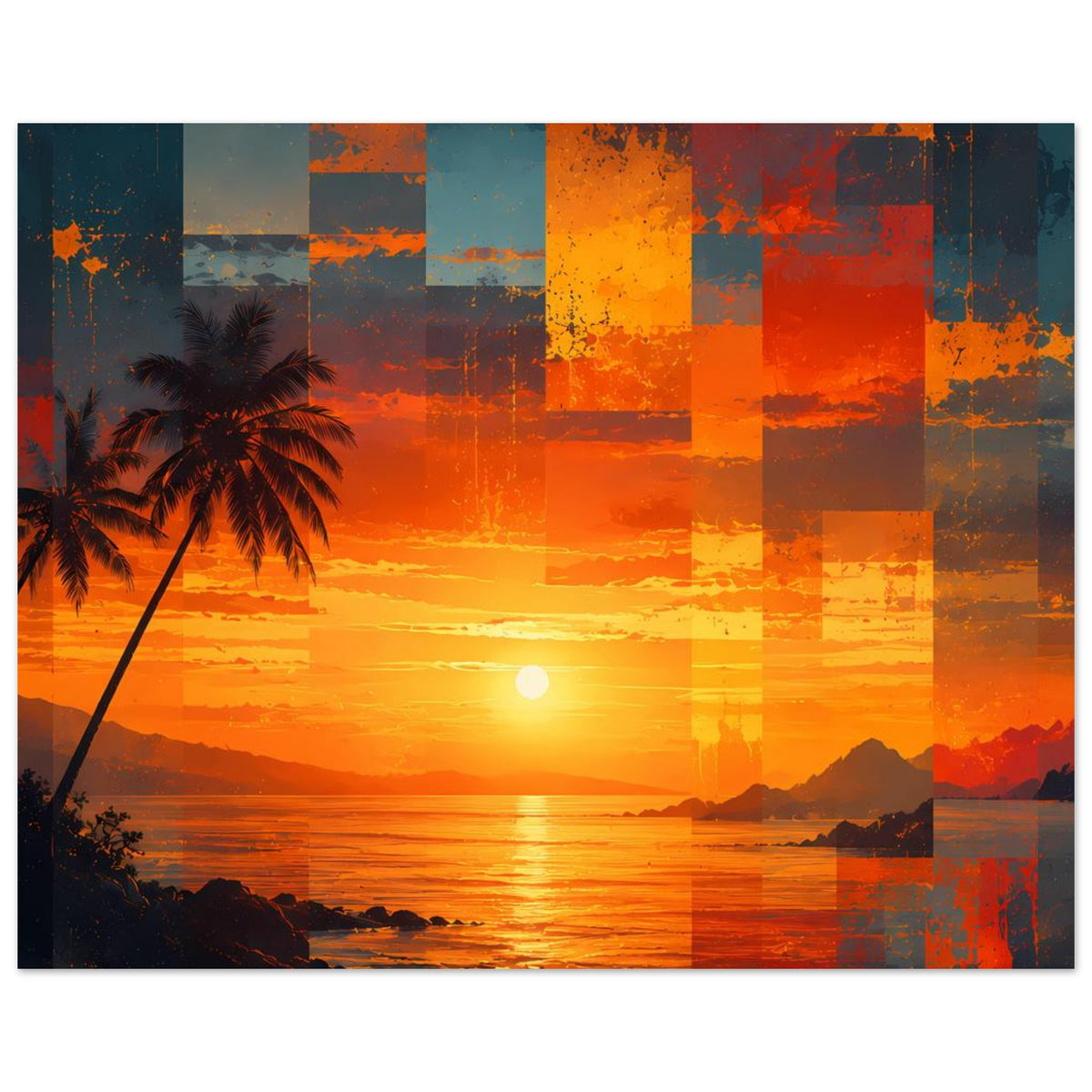 Kunstposter mit Sonnenuntergang über Meer, Palme links, Orange-Gelb Patchwork-Optik