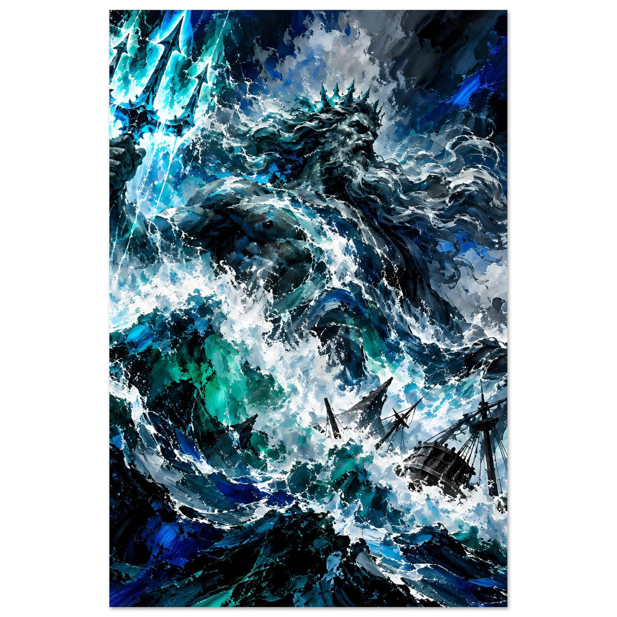 Sturm-Poster im Hochformat mit Poseidon über aufgewühltem Meer, blauen Blitzen und Schiffen