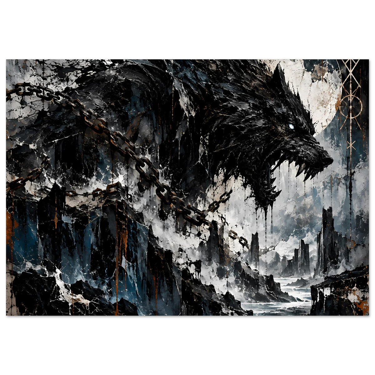 Wandposter mit dunklem Wolf, Ketten, Mondscheibe und Küstenstadt im Hintergrund