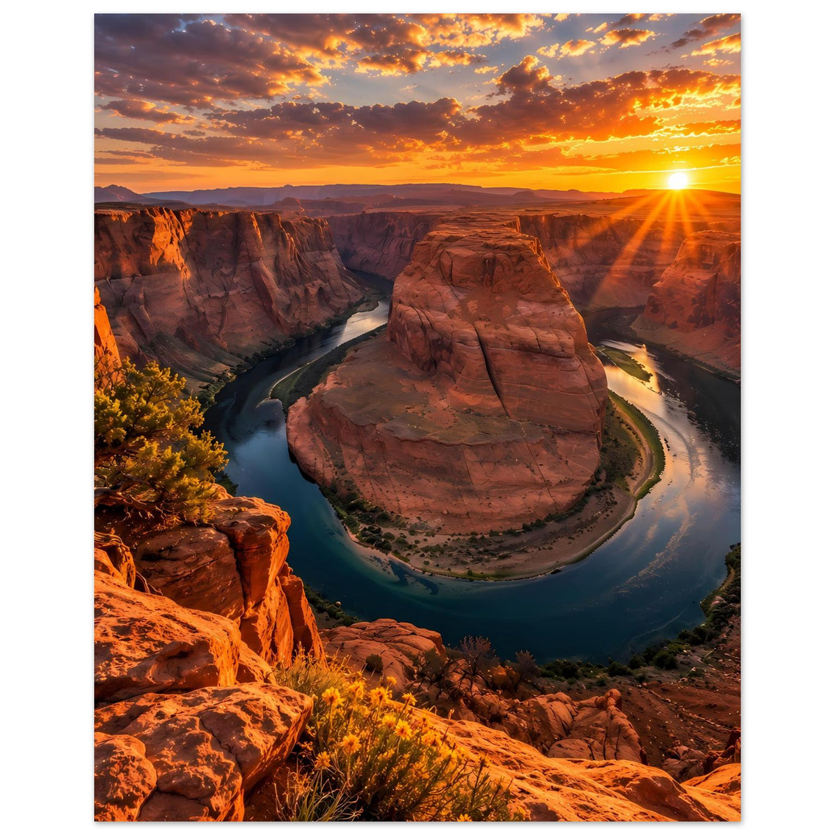 Poster im Hochformat mit Canyon-Sonnenuntergang, Sonne am Horizont und Fluss