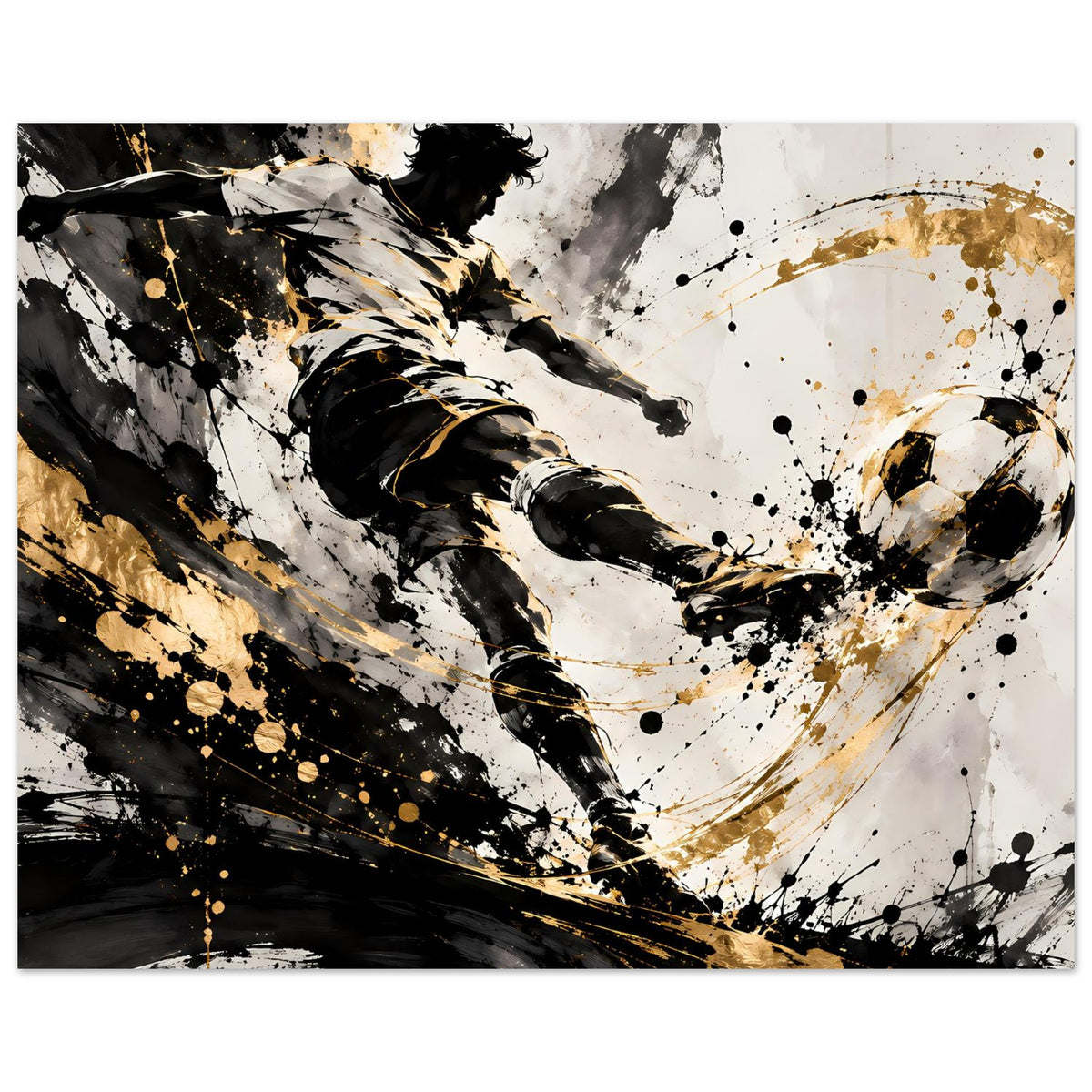 Poster mit Fußballspieler in Aktion, Schwarz-Gold Spritzmuster und Farbwirbel